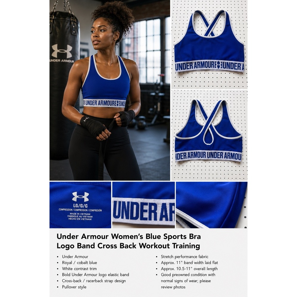 Under Armour Womens Blue Sports Bra Logo Band Cross Back Workout Training Large